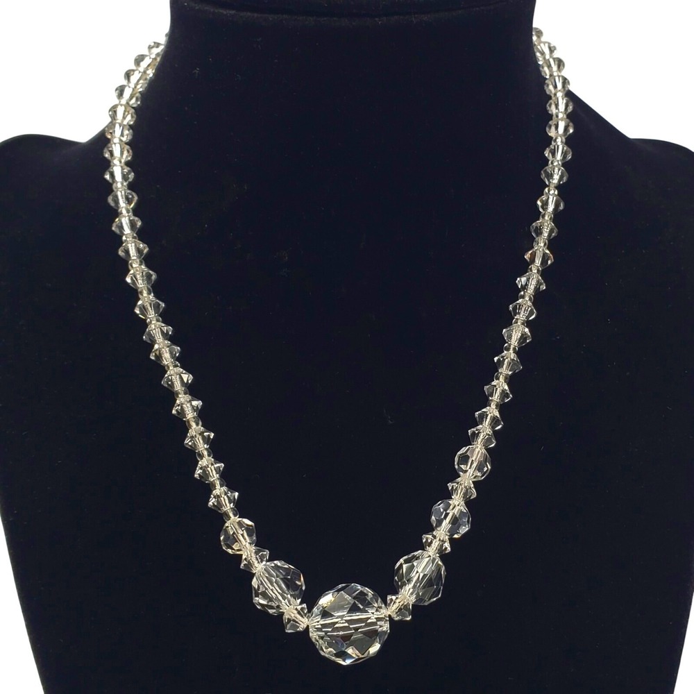 Antique Crystal Faceted Beaded Choker Clear Graduated Necklace Sterling Clasp